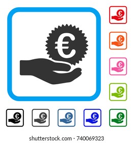 Euro Coin Offer Hand icon. Flat grey iconic symbol inside a light blue rounded rectangular frame. Black, gray, green, blue, red, orange color additional versions of Euro Coin Offer Hand vector.