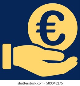 Euro Coin Payment Hand vector pictograph. Illustration style is a flat iconic yellow symbol on blue background.