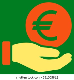 Euro Coin Payment vector icon. Style is flat bicolor orange and yellow symbol, rounded angles, green background.