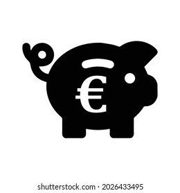 Euro coin, piggy bank, savings icon. Black vector graphics.