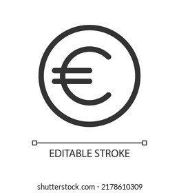 Euro coin pixel perfect linear ui icon. Currency and money. Finance and banking. GUI, UX design. Outline isolated user interface element for app and web. Editable stroke. Arial font used