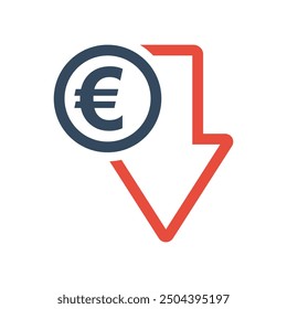 euro coin and red down arrow, negative economic dynamic concept, european union currency decrease exchange rate indicator