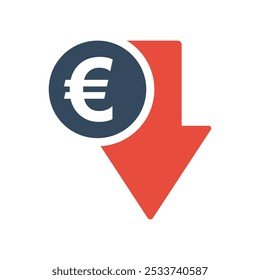 Moneda de euro con flecha roja hacia abajo, Indicador de caída económica de la Unión Europea, Tendencia negativa del mercado de valores, Pictograma de ingresos disminuido