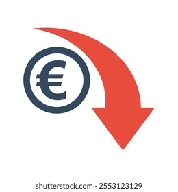 Moneda en euros con flecha descendente exponencial roja, Indicador de caída económica de la Unión Europea, Tendencia negativa del mercado de valores, Pictograma de ingresos disminuido