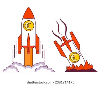 Euro coin rocket starting. Startup success.Euro gold coin.Currency strengthening and increasing.Bad contraction of economy,Market crash.Depreciation of Euro.Economic recession icon. Euro coin falling.