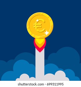 Euro coin rocket starting. Startup success, fast growing income. Business finance and economy concept. Cartoon vector illustration isolated on blue background