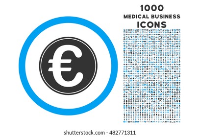 Euro Coin rounded vector bicolor icon with 1000 medical business icons. Set style is flat pictograms, blue and gray colors, white background.