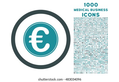 Euro Coin rounded vector bicolor icon with 1000 medical business icons. Set style is flat pictograms, soft blue colors, white background.
