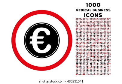 Euro Coin rounded vector bicolor icon with 1000 medical business icons. Set style is flat pictograms, intensive red and black colors, white background.