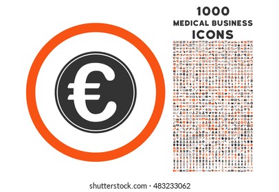 Euro Coin rounded vector bicolor icon with 1000 medical business icons. Set style is flat pictograms, orange and gray colors, white background.