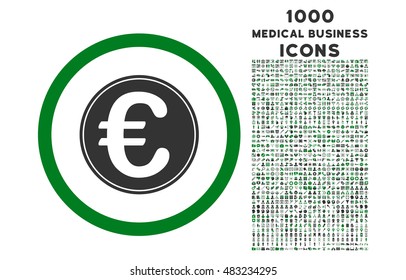 Euro Coin rounded vector bicolor icon with 1000 medical business icons. Set style is flat pictograms, green and gray colors, white background.