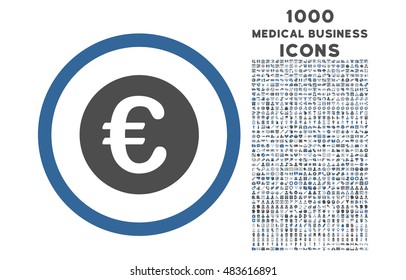 Euro Coin rounded vector bicolor icon with 1000 medical business icons. Set style is flat pictograms, cobalt and gray colors, white background.