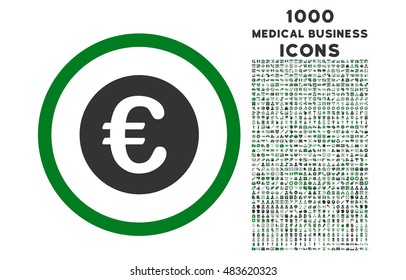 Euro Coin rounded vector bicolor icon with 1000 medical business icons. Set style is flat pictograms, green and gray colors, white background.