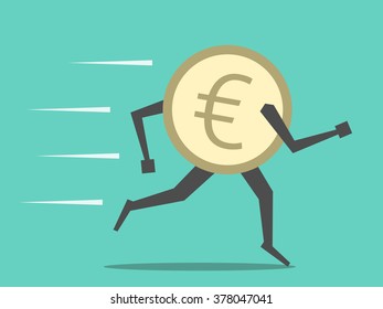 Euro coin running. Money, finance, currency, economic, savings, investment, exchange rate, panic, crisis, cash outflow concept. EPS 8 vector illustration, no transparency
