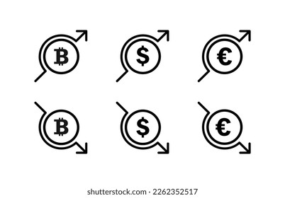 Euro coin set icon. Money, cash, transfer, dollar bill, currency, coin, cent, transaction, arrows, beg, receive, salary, income, spending, tax. Vector line icon on white background