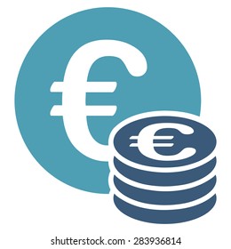 Euro coin stack from BiColor Euro Banking Icon Set. Vector style: flat bicolor, cyan and blue symbol, rounded angles, white background.