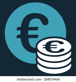 Euro coin stack from BiColor Euro Banking Icon Set. Vector style: flat bicolor, blue and white symbol, rounded angles, dark blue background.