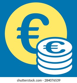 Euro coin stack from BiColor Euro Banking Icon Set. Vector style: flat bicolor, yellow and white symbol, rounded angles, blue background.