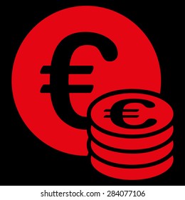 Euro coin stack from BiColor Euro Banking Icon Set. Vector style: flat, red symbol, rounded angles, black background.