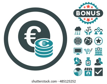 Euro Coin Stack icon with bonus elements. Vector illustration style is flat iconic bicolor symbols, soft blue colors, white background.