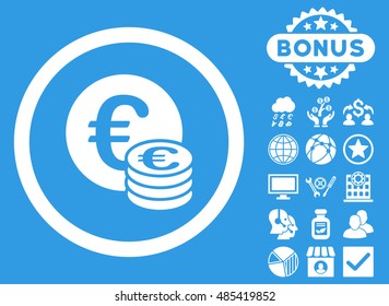 Euro Coin Stack icon with bonus symbols. Vector illustration style is flat iconic symbols, white color, blue background.