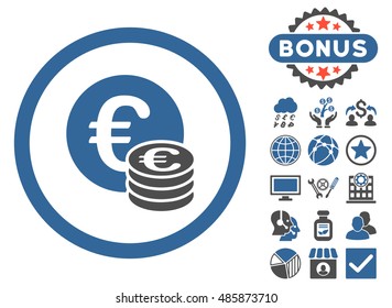 Euro Coin Stack icon with bonus pictures. Vector illustration style is flat iconic bicolor symbols, cobalt and gray colors, white background.
