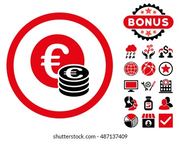 Euro Coin Stack icon with bonus symbols. Vector illustration style is flat iconic bicolor symbols, intensive red and black colors, white background.
