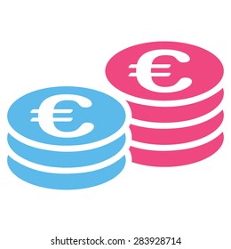 Euro coin stacks from BiColor Euro Banking Icon Set. Vector style: flat bicolor, pink and blue symbol, rounded angles, white background.