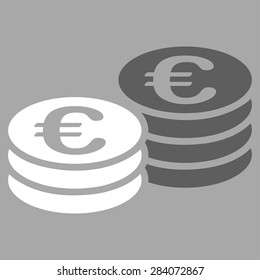 Euro coin stacks from BiColor Euro Banking Icon Set. Vector style: flat bicolor, dark gray and white symbol, rounded angles, silver background.