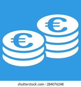 Euro coin stacks from BiColor Euro Banking Icon Set. Vector style: flat, white symbol, rounded angles, blue background.