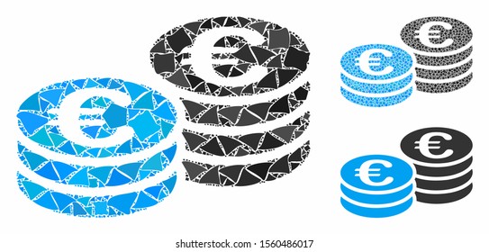 Euro coin stacks composition of irregular elements in variable sizes and color tones, based on Euro coin stacks icon. Vector inequal elements are combined into composition.