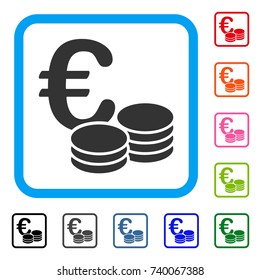 Euro Coin Stacks icon. Flat gray pictogram symbol in a light blue rounded rectangular frame. Black, gray, green, blue, red, orange color additional versions of Euro Coin Stacks vector.