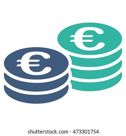 Euro Coin Stacks icon. Vector style is bicolor flat iconic symbol with rounded angles, cobalt and cyan colors, white background.
