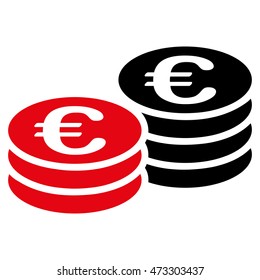 Euro Coin Stacks icon. Vector style is bicolor flat iconic symbol with rounded angles, intensive red and black colors, white background.