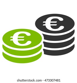 Euro Coin Stacks icon. Vector style is bicolor flat iconic symbol with rounded angles, eco green and gray colors, white background.