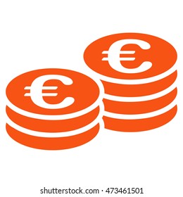 Euro Coin Stacks icon. Vector style is flat iconic symbol with rounded angles, orange color, white background.