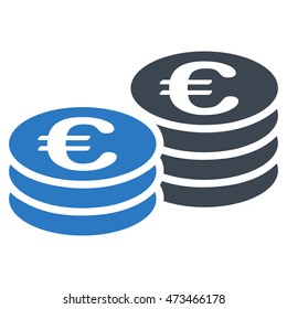 Euro Coin Stacks icon. Vector style is bicolor flat iconic symbol with rounded angles, smooth blue colors, white background.