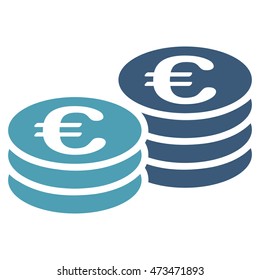 Euro Coin Stacks icon. Vector style is bicolor flat iconic symbol with rounded angles, cyan and blue colors, white background.