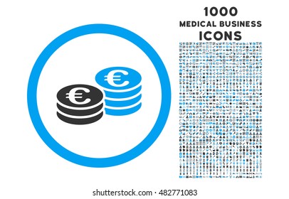 Euro Coin Stacks rounded vector bicolor icon with 1000 medical business icons. Set style is flat pictograms, blue and gray colors, white background.