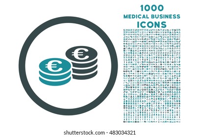 Euro Coin Stacks rounded vector bicolor icon with 1000 medical business icons. Set style is flat pictograms, soft blue colors, white background.