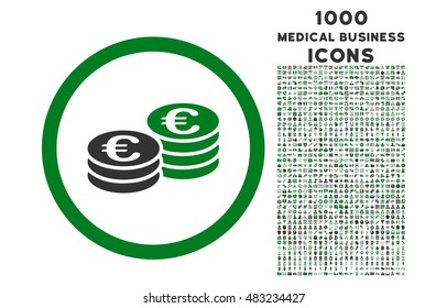 Euro Coin Stacks rounded vector bicolor icon with 1000 medical business icons. Set style is flat pictograms, green and gray colors, white background.