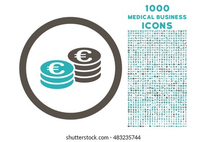 Euro Coin Stacks rounded vector bicolor icon with 1000 medical business icons. Set style is flat pictograms, grey and cyan colors, white background.