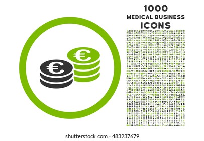 Euro Coin Stacks rounded vector bicolor icon with 1000 medical business icons. Set style is flat pictograms, eco green and gray colors, white background.