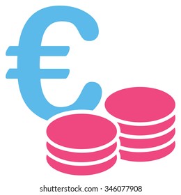 Euro Coin Stacks vector icon. Style is bicolor flat symbol, pink and blue colors, rounded angles, white background.