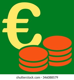 Euro Coin Stacks vector icon. Style is bicolor flat symbol, orange and yellow colors, rounded angles, green background.