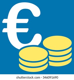 Euro Coin Stacks vector icon. Style is bicolor flat symbol, yellow and white colors, rounded angles, blue background.