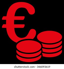 Euro Coin Stacks vector icon. Style is flat symbol, red color, rounded angles, black background.
