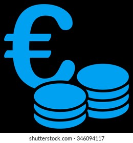 Euro Coin Stacks vector icon. Style is flat symbol, blue color, rounded angles, black background.