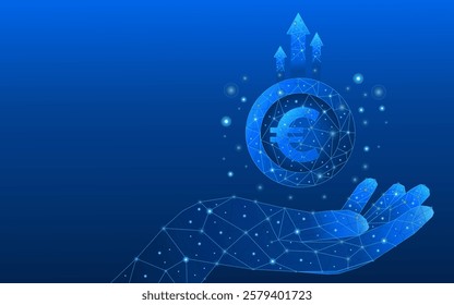 Euro coin technology revenue growth concept. Abstract concept of coins in a hand and up arrows on blue background. Money coins in a hand. Profit growth. Low poly wireframe digital vector illustration.