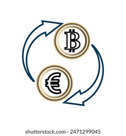 euro coins and bit coins with arrows. money exchange or transaction. outline style design. Suitable for use for reports, presentations, finance. vector design template